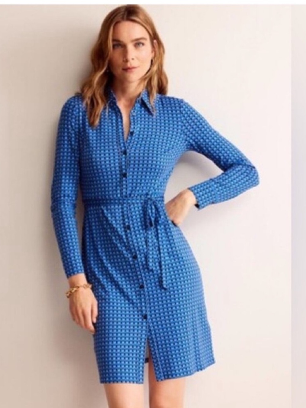 💙NWT BODEN Jessie Jersey Blue Azure Terrace Geometric Print LS Shirt Dress 8
